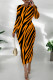 Orange Black Casual Print Patchwork O Neck Wrapped Skirt Dresses