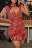 Red Sexy Solid Color Fringed Trim Patchwork Hot Drill Zipper Mandarin Collar Wrapped Skirt Dresses
