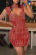 Red Sexy Solid Color Fringed Trim Patchwork Hot Drill Zipper Mandarin Collar Wrapped Skirt Dresses