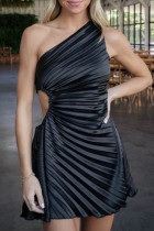 Black Sexy Solid Color Hollow Out Patchwork Oblique Collar Sleeveless Dresses