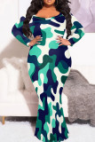 Orange Casual Camouflage Print Patchwork O Neck Long Plus Size Dresses