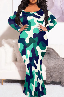Turquoise Casual Camouflage Print Patchwork O Neck Long Plus Size Dresses