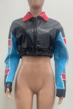 Black Street Patchwork Zipper Contrast Zipper Collar Outerwear