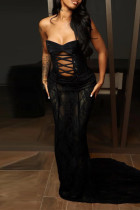 Black Sexy Solid Color Patchwork Backless Cross Straps Strapless Long Dresses