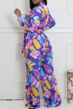 Blue Casual Print Patchwork Strap Design Deep V Neck Loose Jumpsuits
