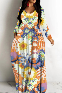 Orange Yellow Casual Print Basic V Neck Long Dresses