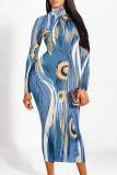 Blue Casual Street Geometric Print Gradient Contrast Half A Turtleneck Printed Dresses