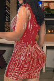 Red Sexy Solid Color Fringed Trim Patchwork Hot Drill Zipper Mandarin Collar Wrapped Skirt Dresses