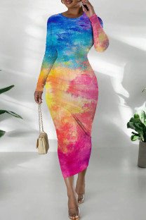 Blue Yellow Casual Print Patchwork O Neck Wrapped Skirt Dresses