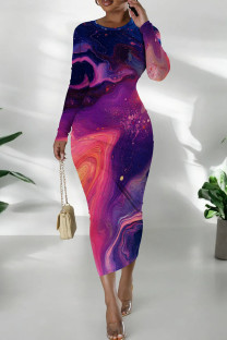 Purple Pink Casual Print Patchwork O Neck Wrapped Skirt Dresses