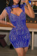 Blue Sexy Solid Color Fringed Trim Patchwork Hot Drill Zipper Mandarin Collar Wrapped Skirt Dresses
