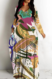 Light Yellow Casual Print Basic V Neck Long Dresses