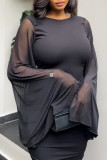 Black Casual Solid Color Patchwork Backless Zipper O Neck Wrapped Skirt Dresses