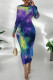 Dark Purple Casual Print Patchwork O Neck Wrapped Skirt Dresses