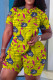 Yellow Casual Print Basic O Neck Short Sleeve Two Pieces
