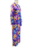 Blue Casual Print Patchwork Strap Design Deep V Neck Loose Jumpsuits