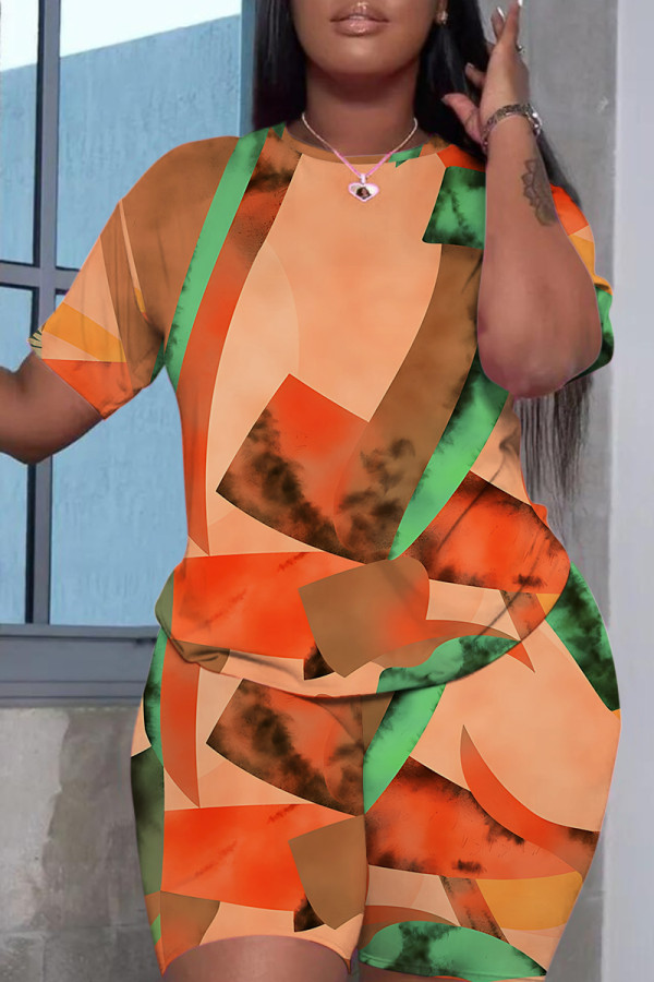 Orange Casual Print Basic O Neck Short Sleeve Two Pieces