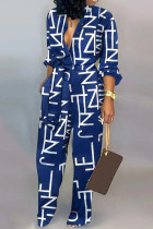 Blue White Casual Stripe Buckle Patchwork Strap Design Turndown Collar Regular Jumpsuits