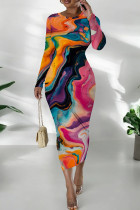 Multicolor Casual Print Patchwork O Neck Wrapped Skirt Dresses