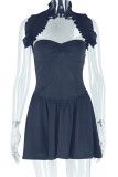 Black Elegant Solid Color Patchwork Backless Asymmetrical Collar A Line Dresses