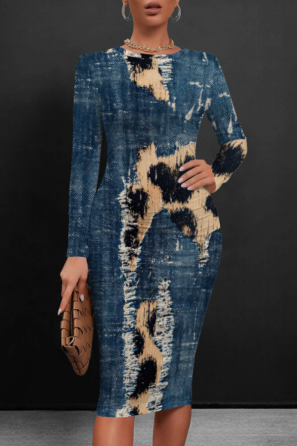 Dark Blue Casual Print Patchwork O Neck Wrapped Skirt Dresses