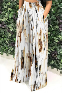 White Casual Street Leopard Print Flowers Stripe Pocket Contrast Loose High Waist Wide Leg Full Print Bottoms