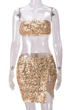 Champagne Sexy Solid Color Sequins Patchwork Slit Zipper Strapless Sleeveless Two Pieces