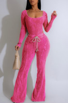 Rose Red Casual Solid Color Draw String Patchwork U Neck Long Sleeve Two Pieces