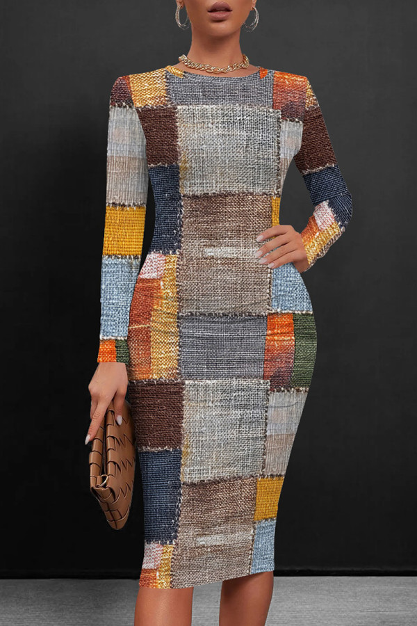 Grey Casual Print Patchwork O Neck Wrapped Skirt Dresses