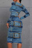Baby Blue Casual Print Patchwork O Neck Wrapped Skirt Dresses