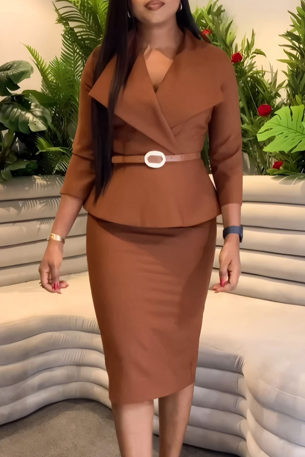 Brown Elegant Solid Color Patchwork With Belt Turndown Collar Wrapped Skirt Dresses