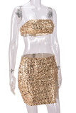 Champagne Sexy Solid Color Sequins Patchwork Slit Zipper Strapless Sleeveless Two Pieces