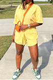 Yellow Casual Solid Color Buckle Patchwork Turndown Collar Short Sleeve Two Pieces