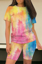 Yellow And Blue Casual Tie Dye Patchwork O Neck Short Sleeve Two Pieces