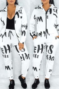 White Fashion Casual Print Basic Zipper Collar Long Sleeve Two Pieces