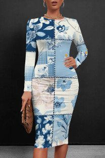 Baby Blue Casual Print Patchwork O Neck Wrapped Skirt Dresses