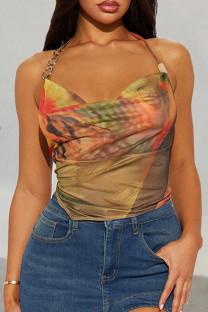 Multicolor Sexy Print Patchwork Halter Tops