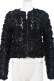 White Casual Solid Color Patchwork Zipper Flower Shape Zipper Collar Outerwear