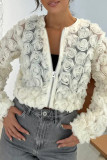 White Casual Solid Color Patchwork Zipper Flower Shape Zipper Collar Outerwear