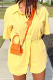 Yellow Casual Solid Color Buckle Patchwork Turndown Collar Short Sleeve Two Pieces