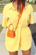 Yellow Casual Solid Color Buckle Patchwork Turndown Collar Short Sleeve Two Pieces