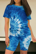 Blue Casual Tie Dye Patchwork O Neck Short Sleeve Two Pieces