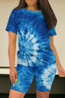 Blue Casual Tie Dye Patchwork O Neck Short Sleeve Two Pieces
