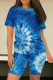 Blue Casual Tie Dye Patchwork O Neck Short Sleeve Two Pieces
