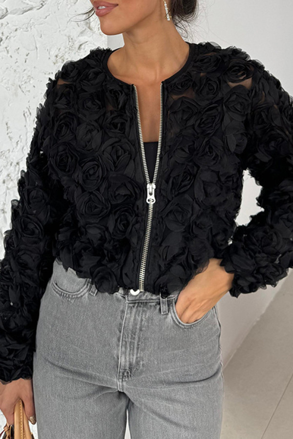 Black Casual Solid Color Patchwork Zipper Flower Shape Zipper Collar Outerwear