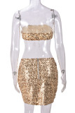 Champagne Sexy Solid Color Sequins Patchwork Slit Zipper Strapless Sleeveless Two Pieces