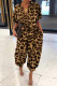 Dark Khaki Casual Leopard Print Pocket Buckle Patchwork Turndown Collar Loose Jumpsuits