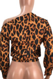 Leopard Print Casual Leopard Print Buttons Patchwork Oblique Collar Tops