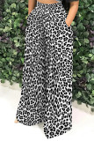 Black And White Casual Street Leopard Print Flowers Stripe Pocket Contrast Loose High Waist Wide Leg Full Print Bottoms