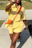 Yellow Casual Solid Color Buckle Patchwork Turndown Collar Short Sleeve Two Pieces